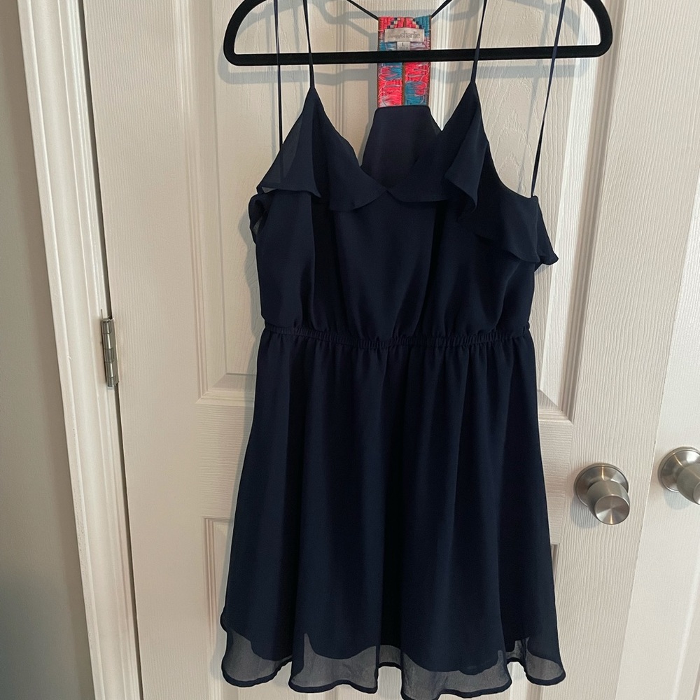 Navy Ruffle dress with neon back detail